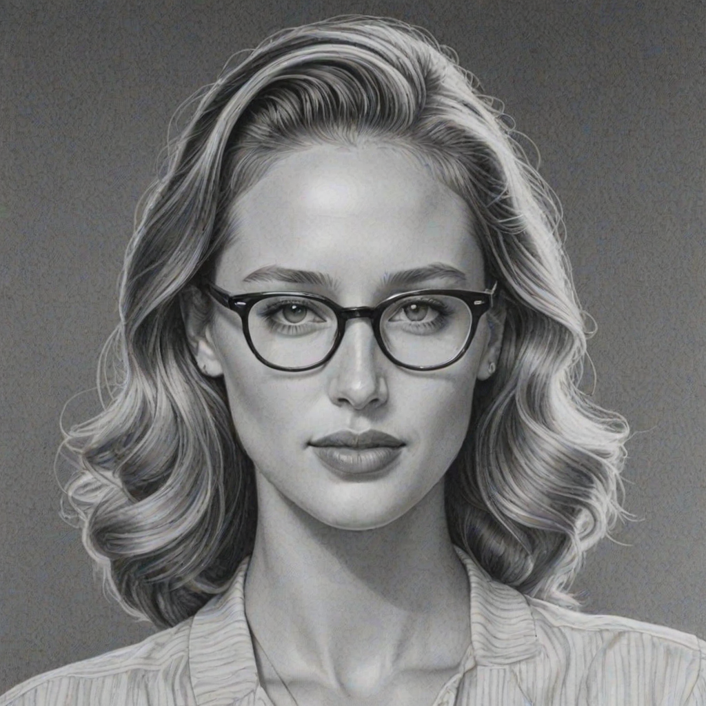 Pleasing Dylan Penn, pencil sketch, portrait of Radiant woman 1940s in glasses, hair style beatnik, outline, clear lines, fine lines, 8k