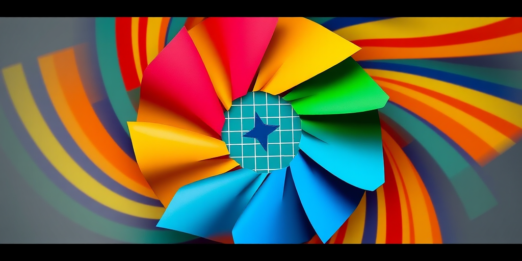 Create an abstract image of a colorful pinwheel design with vibrant stripes and a grid pattern at the center, captured with a Canon EOS R5, 50mm lens, f/2.8 aperture, ISO 100, and a high dynamic range photographic style.