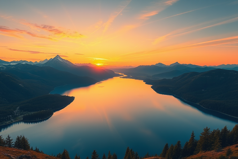 Generate a detailed illustration of a serene landscape featuring a tranquil lake surrounded by mountains at sunset, DSLR camera settings: f/8, ISO 100, shutter speed 1/125s, wide-angle view, landscape photography style, full-frame camera type.
