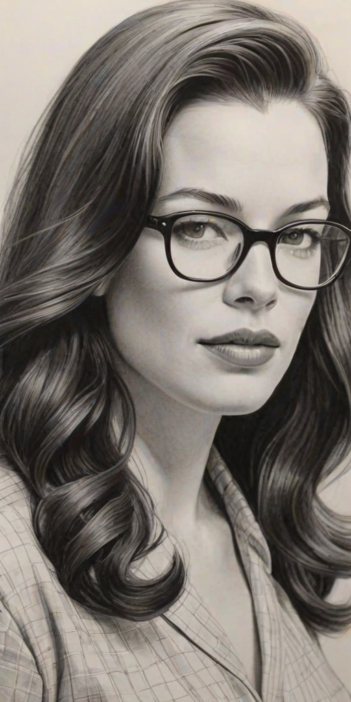 Magnificent Liv Tyler, pencil sketch, portrait of Superb woman 1948s in glasses, hair style beatnik, outline, clear lines, fine lines, 8k