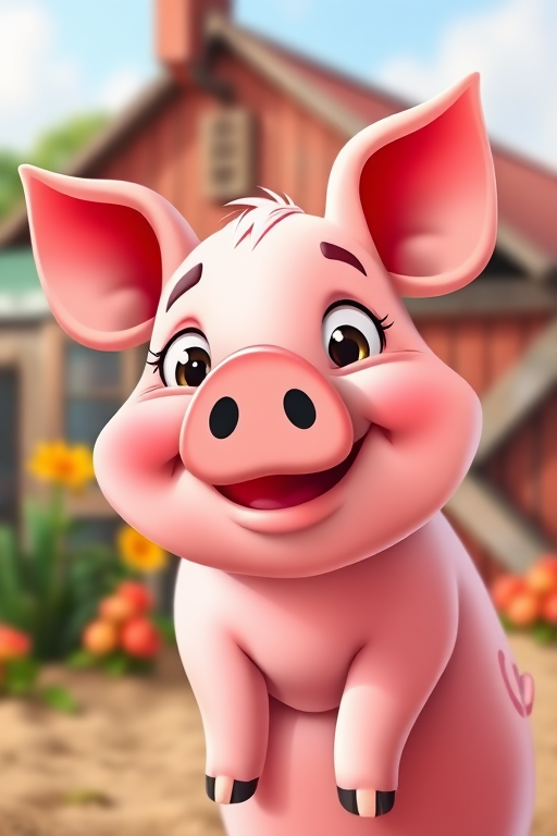 Create a high-resolution image of a smiling cartoon pig, with a bright and friendly expression, set against a colorful farm background, using a DSLR camera, 50mm lens, f/2.8 aperture, ISO 100, and a shallow depth of field to enhance the foreground pig while softly blurring the background.