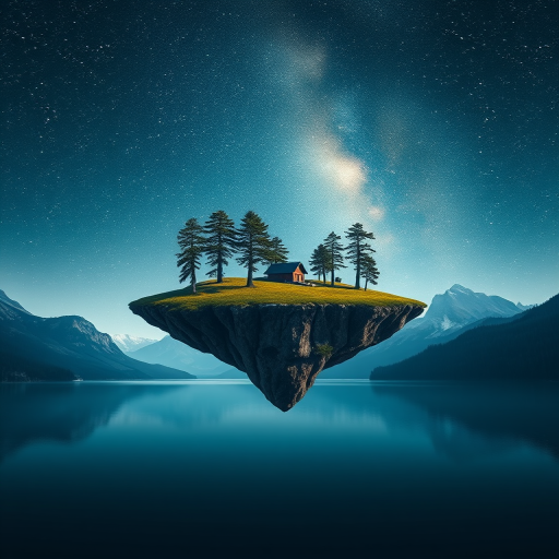 Create a surreal landscape featuring a floating island with a small house and pine trees, set against a starry sky with mountains in the background and a calm lake below, using a Canon EOS 5D Mark IV, aperture f/8, ISO 100, exposure 1/250s, wide-angle lens, and a bird's-eye view perspective to enhance image quality.