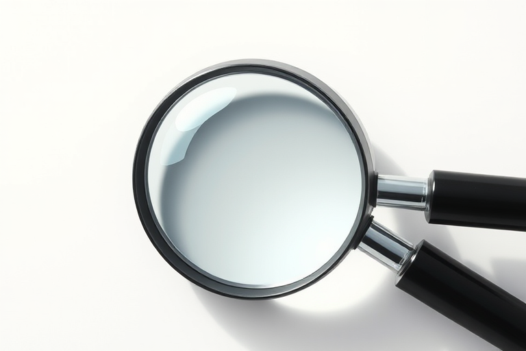 Create a highly detailed illustration of a magnifying glass with a shiny lens and a black handle, using a DSLR camera with a 50mm lens, aperture set to f/2.8, ISO 100, shooting from a slightly elevated angle, with soft natural lighting to enhance reflections.