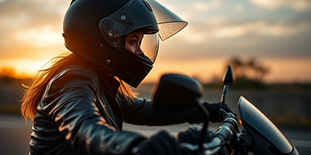 Create an image of a female motorcyclist wearing a sleek helmet and leather suit, captured in a dynamic side view during sunset, with a shallow depth of field, using a DSLR camera with a 50mm lens, Aperture f/1.8, ISO 200, and a shutter speed of 1/500s for enhanced clarity and motion.
