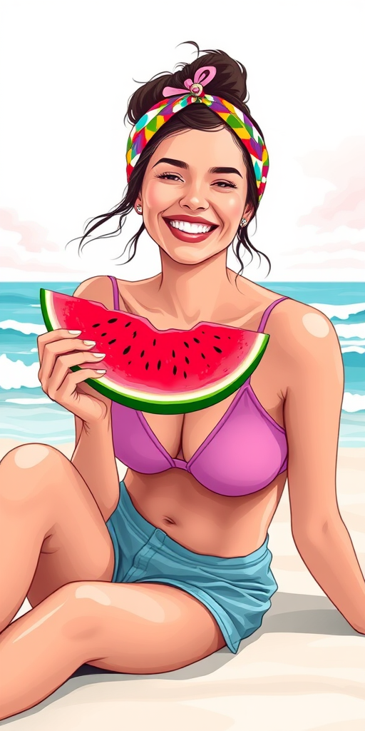 Create an illustration of a smiling woman sitting on the beach holding a slice of watermelon, wearing a colorful headband, with a background of ocean waves and a soft pastel sky, use a bright color palette, high contrast, digital art style, shot with a Canon EOS R5, 50mm lens, aperture f/1.8, ISO 100, natural light.