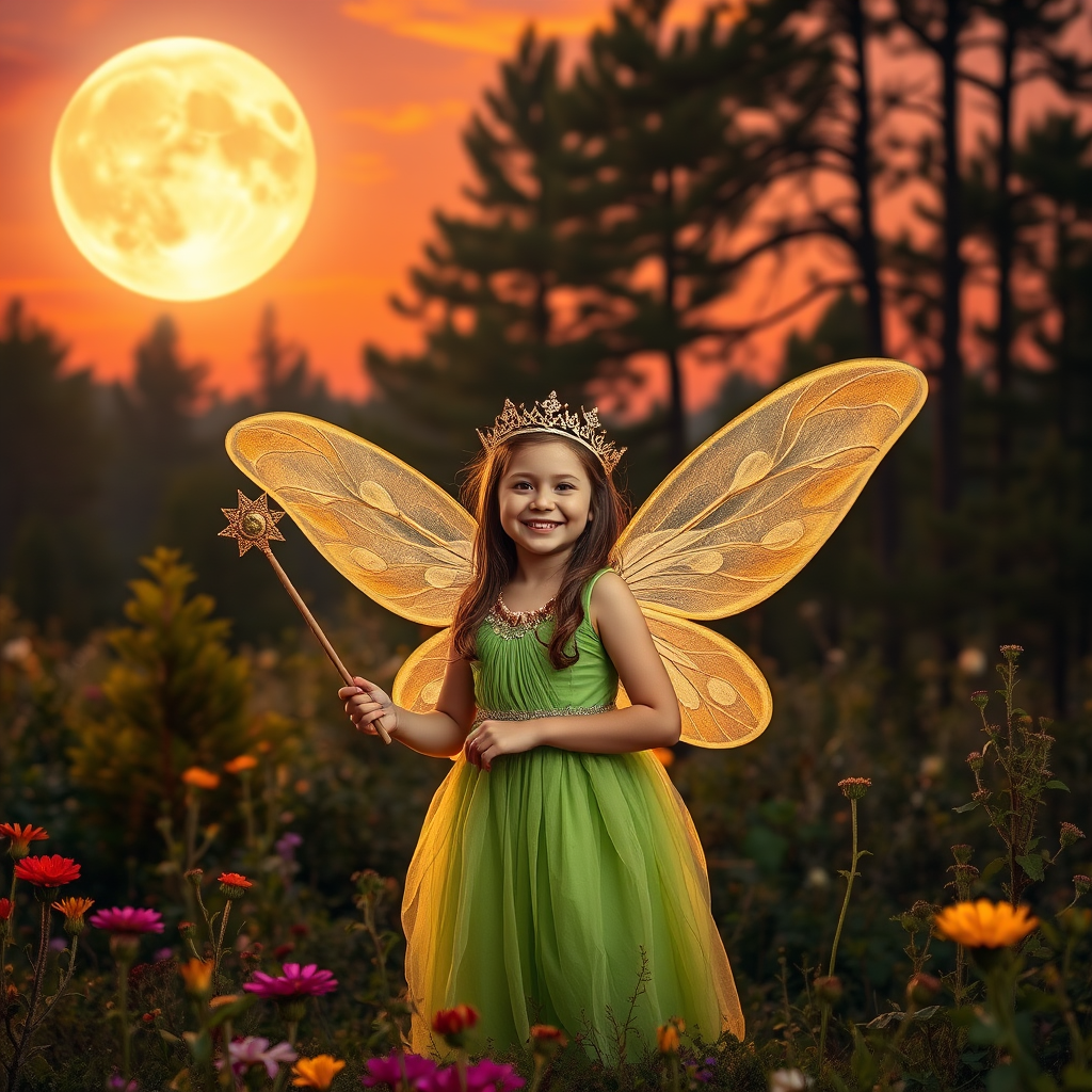 A vivid photo  taken under a bright camera flash of a fantastical scene set against a backdrop of a forest during sunset. The main subject is a girl dressed as a fairy, adorned with translucent wings and a green dress, holding a wand, her face is happy, and she wears a crown on her head. The forest behind her is a blend of flowers, shrubs and trees. The sky is painted in hues of orange and pink, with a large, glowing moon casting a warm glow over the scene. The overall color palette is dominated by earthy tones.