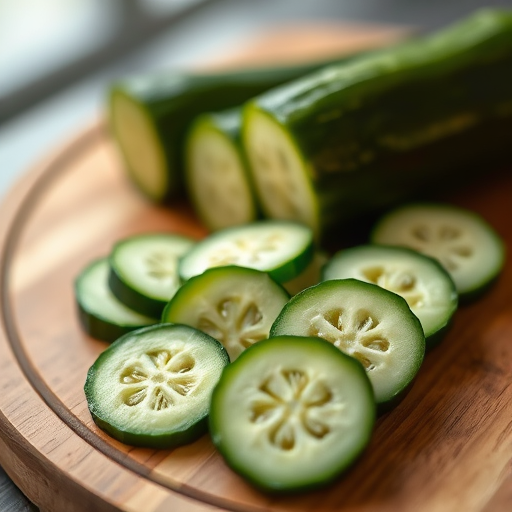 sliced cucumbers on a wooden cutting board, macro shot, shallow depth of field, f/2.8 aperture, 50mm lens, natural lighting, soft focus background, high dynamic range, DSLR camera