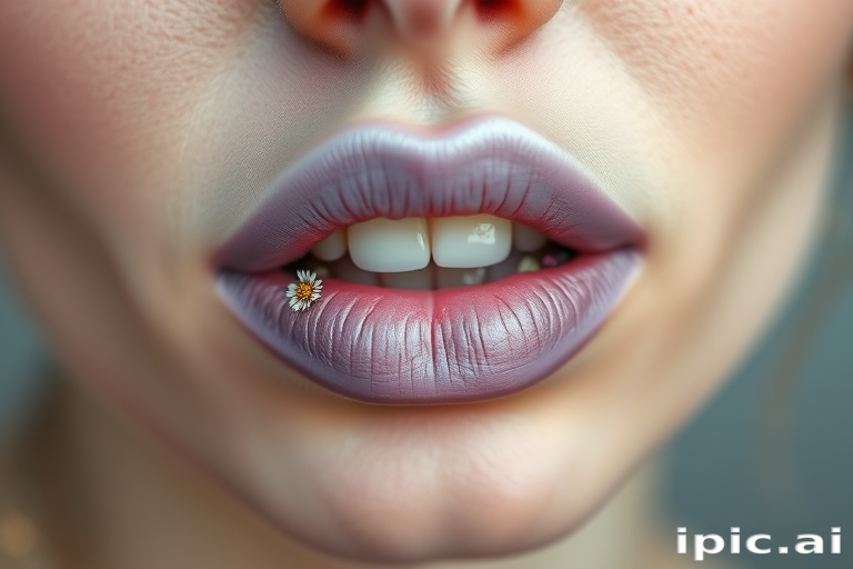 Pale lavender lips with pressed dried flowers, titled "Botanical Bliss," offer a delicate and ethereal appearance with a smooth, satin finish for fairy-tale inspired photoshoots