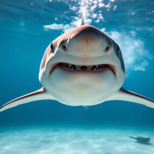 Generate a highly detailed 3D image of a great white shark swimming towards the viewer, using a DSLR camera with a 50mm lens, aperture set to f/2.8, shutter speed of 1/1250 sec, ISO 200, shot in a natural underwater environment with bright lighting and a slight motion blur to emphasize speed.