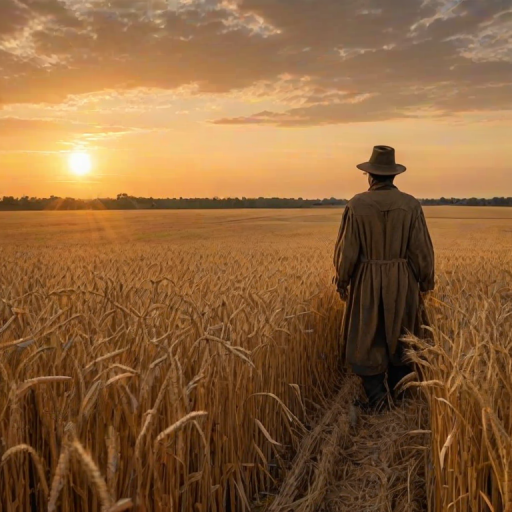 Sunrise over a golden wheat field, the wind gently swaying the crops, and a lone scarecrow standing guard at the edge of the horizon.