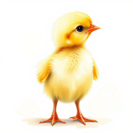 Create a watercolor illustration of a small yellow chick standing upright, with soft feathers and a slight tilt of the head, photographed with a macro lens at f/4, ISO 100, 1/200s, using a DSLR camera with natural light to enhance colors and details.