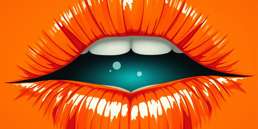 Create a vibrant illustration of an orange lip print with detailed textures and a teal center, shot with a Canon EOS 5D Mark IV, 50mm lens, aperture f/2.8, ISO 100, in a well-lit studio setting.