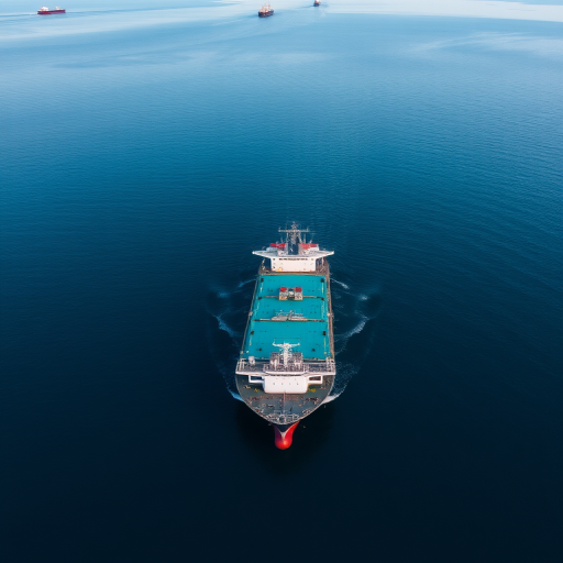 aerial view of a large cargo ship anchored in calm blue waters, with distant ships on the horizon, shot with a DJI Mavic 2 Pro, aperture f/4, ISO 100, shutter speed 1/500s, early morning light for enhanced clarity and color vibrancy