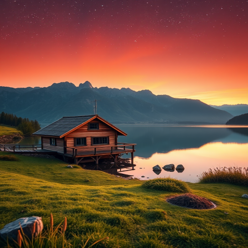 Regenerate a vibrant landscape featuring a small wooden house by a calm lake at sunset, with mountains in the background and a starry sky, captured with a Canon EOS R5 at f/8, ISO 200, 24mm lens, using a wide-angle perspective and soft focus for artistic effect.