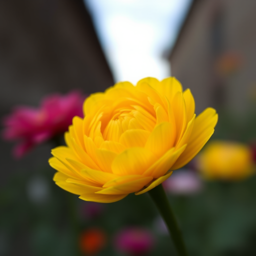 Close-up of a vibrant yellow ranunculus flower with detailed petal layers, soft focused background, natural lighting, DSLR camera, 85mm lens, aperture f/2.8, ISO 200, shallow depth of field.