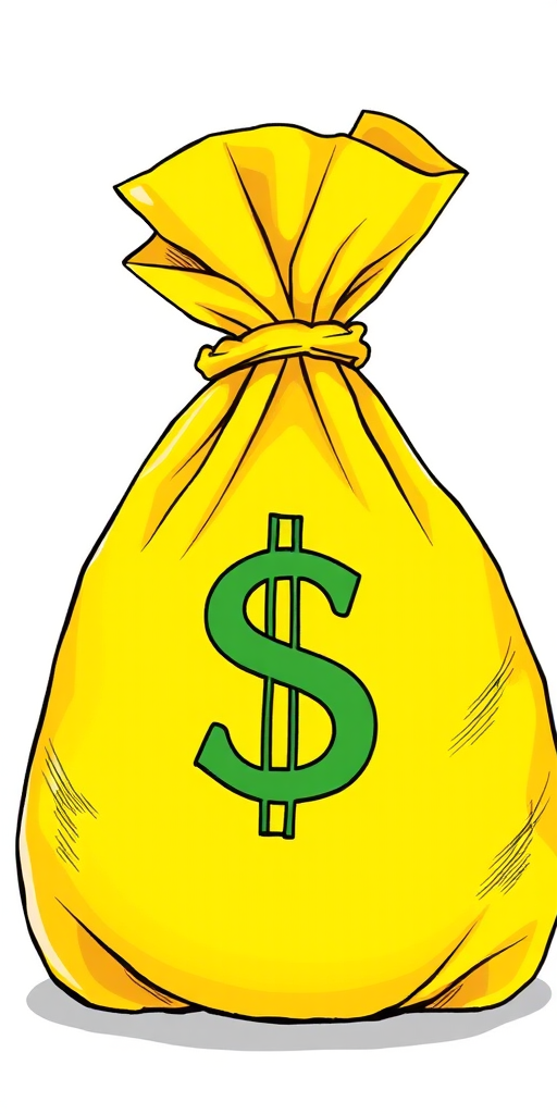 Create a detailed illustration of a large yellow money bag with a dollar sign, using a high-resolution digital camera, ISO 100, aperture f/8, focal length 35mm, taken from a slightly elevated angle with a vibrant color palette to enhance clarity and visual impact.
