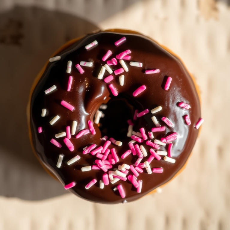 Generate a high-resolution image of a chocolate donut with pink and white sprinkles from a top-down view using a DSLR camera, f/2.8 aperture, 50mm lens, and natural lighting to enhance the texture and color vibrancy.