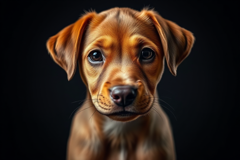 portrait of a brown puppy with a focused expression against a dark background, shallow depth of field, 50mm lens, f/1.8, ISO 100, soft studio lighting, DSLR camera