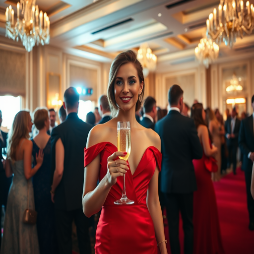 A glamorous red carpet event scene featuring a fashionable woman in a stunning red dress holding a champagne glass, surrounded by elegantly dressed guests in a luxurious ballroom, captured with a Canon EOS R5, 50mm lens, f/1.8 aperture, ISO 100, natural lighting for a warm ambiance.