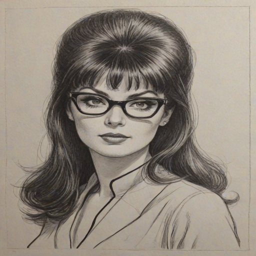 Ravishing Elvira Lind, pencil sketch, portrait of Charming woman 1961s in glasses, hair style beatnik, outline, clear lines, fine lines, 8k