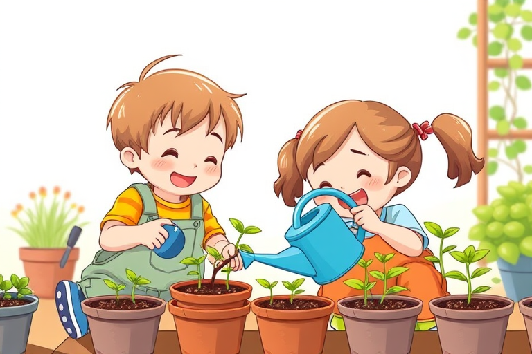 Create an illustration of two children happily planting seeds in pots, with one child watering the plants using a blue watering can, in a bright and cheerful setting, using a Canon EOS R5 with a 50mm lens, f/1.8 aperture, ISO 200, in natural light for vibrant colors and enhanced details.