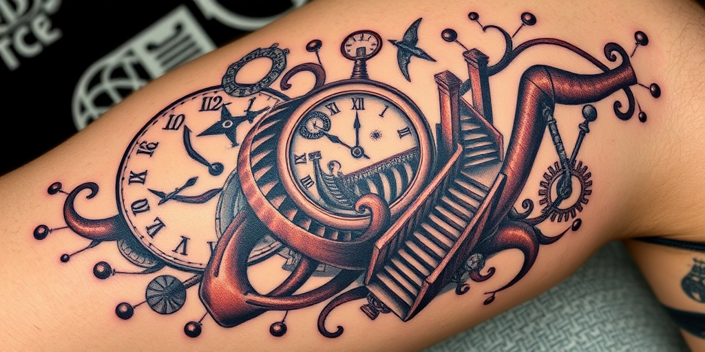 Surrealist tattoo called "Dreamscape Fusion" blending elements of Salvador Dali's melting clocks with M.C. Escher's impossible staircases, creating a mind-bending and thought-provoking design that challenges the viewer's perception of reality, perfect for art enthusiasts and those who enjoy pushing the boundaries of conventional tattoo aesthetics.