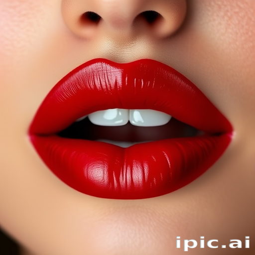 Luscious crimson pout adorned with glossy finish, plump and voluminous lips showcasing a deep red hue, perfectly shaped with subtle ombre effect, exuding sensuality and allure