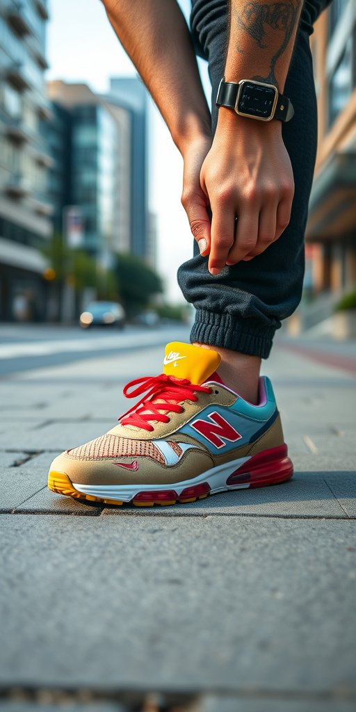 A close-up shot of a person adjusting their colorful sneakers while standing on a modern urban pavement, using a Canon EOS R5 with a 50mm f/1.8 lens, shooting in natural light with a shallow depth of field, ensuring vibrant colors and sharp detail in the shoes and soft background blur.