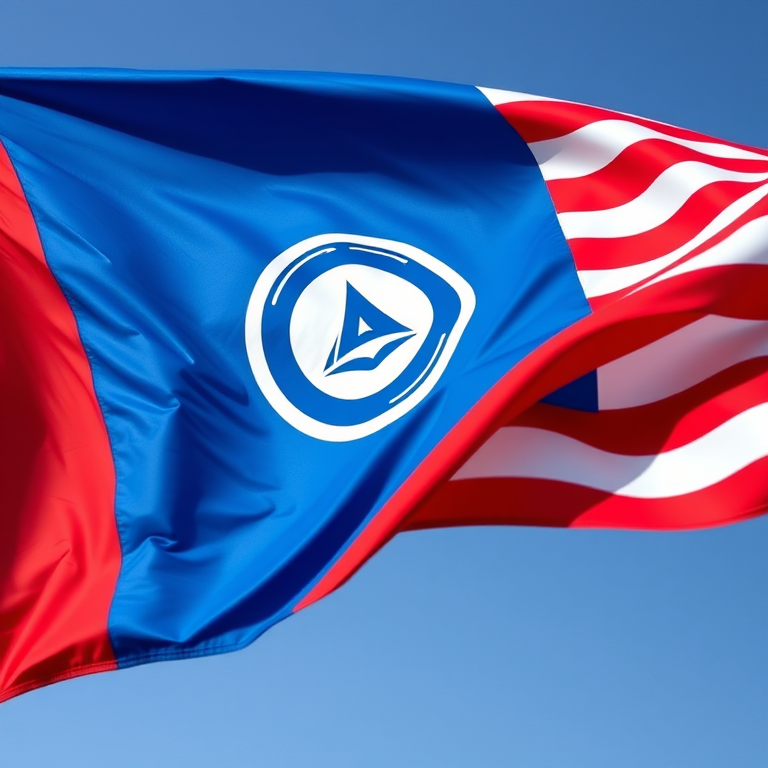 Create an image of a stylized flag featuring a blue section with a logo and red and white wavy stripes, captured with a DSLR camera at f/8, ISO 100, 50mm lens, natural lighting, shot from a low angle to emphasize movement and dynamism.
