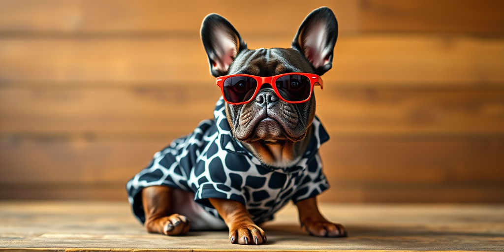 French Bulldog in a fashionable black and white giraffe-print outfit with red sunglasses, sitting posed on a wooden surface, shot with a Canon EOS R5, 50mm lens, f/1.8 aperture, ISO 200, exposure 1/200 sec, soft natural lighting.
