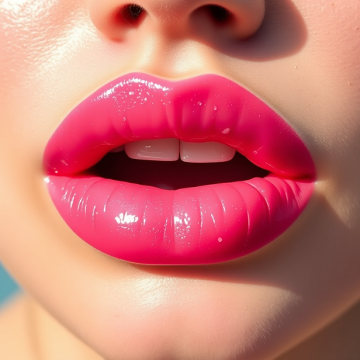 Glossy bubblegum pink lips with a hint of sparkle, youthful and fun, reminiscent of sweet treats and carefree summer days