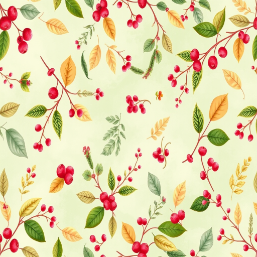 Create a vibrant floral pattern featuring a variety of leaves and berries on a soft green watercolor background, shot with a DSLR camera at f/5.6, 50mm lens, ISO 200, with a shallow depth of field for enhanced detail and a visually pleasing composition.