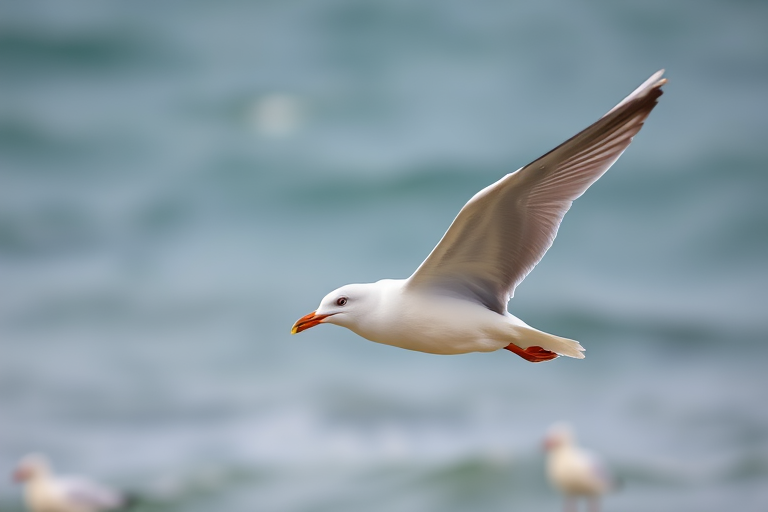 Capture a high-quality image of a seagull in mid-flight with a fast shutter speed of 1/2000 sec, aperture set to f/4 for a blurred background, ISO 200, taken from a low angle with a telephoto lens at 300mm for sharp detail against a natural background.