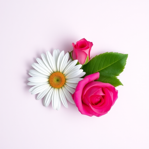 Create a high-resolution image of a daisy, a rose, and a green leaf arranged artistically on a plain background with soft natural lighting, using a DSLR camera with a 50mm lens, f-stop of 2.8, ISO 100, and shot at a 45-degree angle to enhance depth of field.