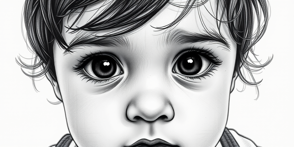 A hyperdetailed photorealistic black and white sketch of a beautiful toddler with deep black eyes, with a macro focus