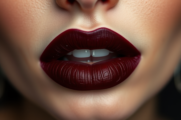 Velvety matte burgundy lips with "Wine Noir" style, enhanced by a subtle black outline and tiny flecks of silver glitter for a dramatic and sophisticated look