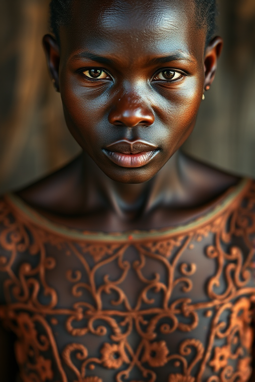 Face, shoulders, chest covered in openwork Creole embroidery. Raw, unedited image.