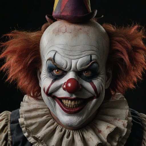 Create a hyper-realistic, dark, and eerie clown with a sinister smile, set against a black background. The clown should have exaggerated makeup with sharp, contrasting colors to enhance its menacing appearance. The overall atmosphere should be unsettling and intense, capturing a sense of horror and suspense