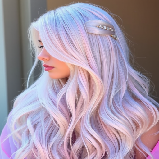 Ethereal image showcases Opal Dreamscape long hair, iridescent white base with pastel pink, blue, and lavender highlights, styled in loose ethereal waves with crystal hair pins
