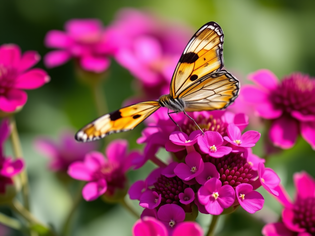 A close-up shot of a butterfly on vibrant pink and purple flowers with a shallow depth of field, using a macro lens, at 100mm focal length, f/2.8 aperture, ISO 200, natural lighting, captured with a DSLR camera.