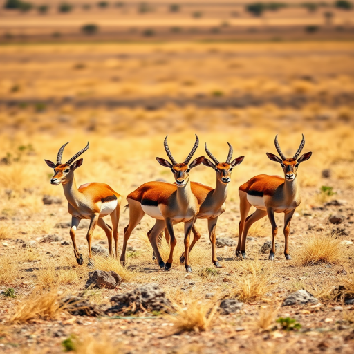 A family of antelopes walking across a dry, open field, captured with a DSLR camera at 200mm, f/4, ISO 100, with a shallow depth of field and natural sunlight for enhanced details.