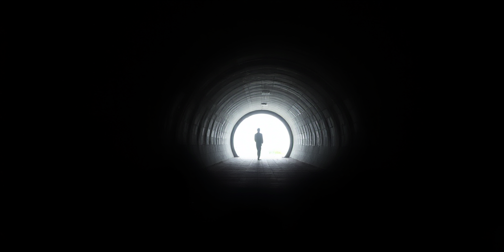a dimly lit tunnel with a figure standing in the distance illuminated by light at the end, use a Canon EOS R5 camera, 50mm lens, aperture f/1.8, ISO 400, shutter speed 1/200s, shot from a low angle to emphasize depth and perspective, soft focus on the foreground for a dreamy effect