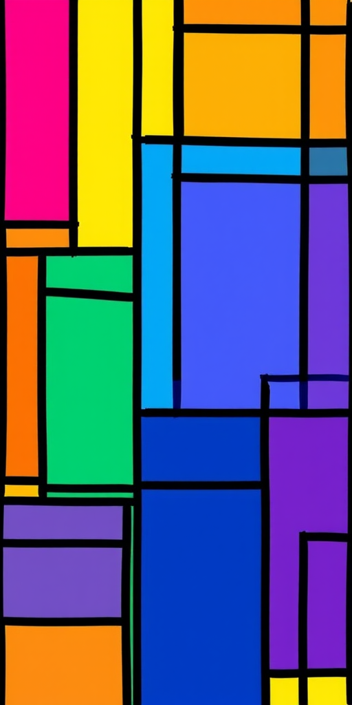 Create an abstract digital artwork featuring rectangular shapes in vibrant colors like blue, pink, yellow, green, orange, and purple with bold black outlines, captured using a DSLR camera with a 50mm lens, aperture set to f/4, ISO 100, shot from a bird's eye view for enhanced vibrancy and clarity.