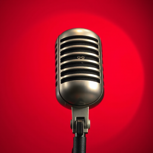 create a high-resolution image of a vintage microphone on a red circular background, use a Canon EOS R5 camera, aperture f/2.8, shutter speed 1/125s, ISO 100, shot from a close-up view, in a studio lighting style, with a sharp focus on the microphone and a smooth gradient background