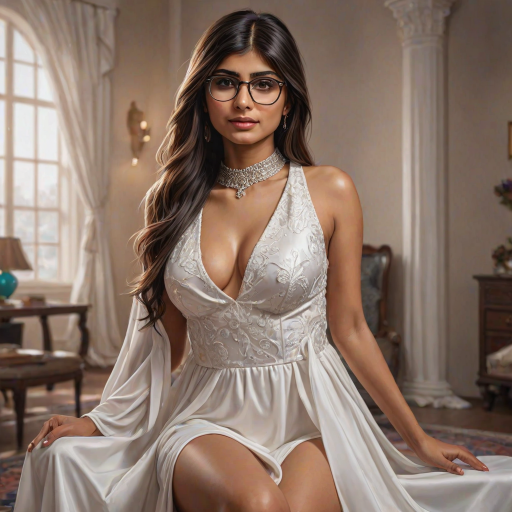mia khalifa, digital painting,  digital illustration,  stunning girl, make up , white silk dress extreme detail,  digital art,  4k,  ultra hd