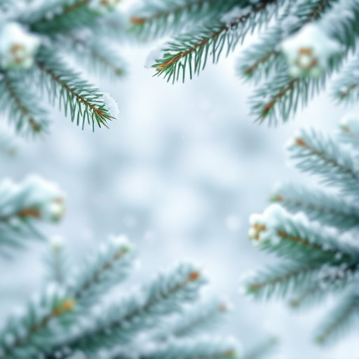Generate a winter scene with a soft focus background. Include snowy fir tree branches framing the image. Add a gentle snowfall effect and a light blue color palette to create a serene and festive atmosphere. Ensure the center of the image is blurred to emphasize the surrounding branches.