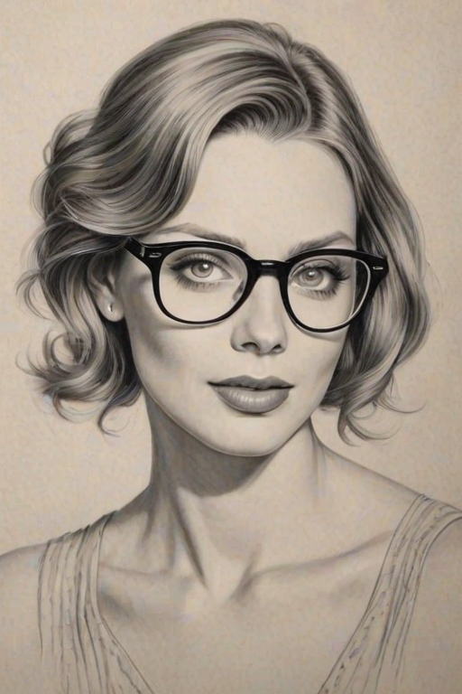 Enchanting April Bowlby, pencil sketch, portrait of Dazzling woman 1931s in glasses, hair style beatnik, outline, clear lines, fine lines, 8k