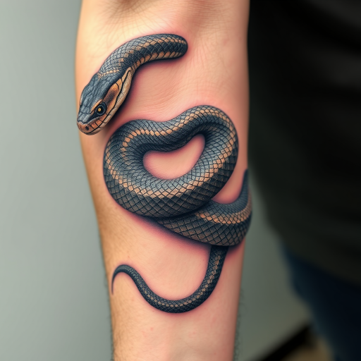 Hyperrealistic 3D snake tattoo coiling around the arm, with incredibly detailed scales and lifelike textures creating the illusion of a living creature on the skin