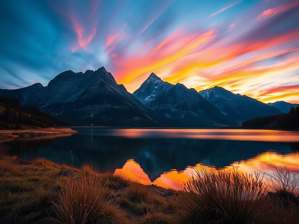 Create a detailed image of a serene mountain landscape at sunset, with vibrant colors in the sky reflecting off a calm lake, using a DSLR camera with a 24mm lens at f/8, ISO 200, shutter speed 1/125, shot in landscape orientation for enhanced sharpness and depth.