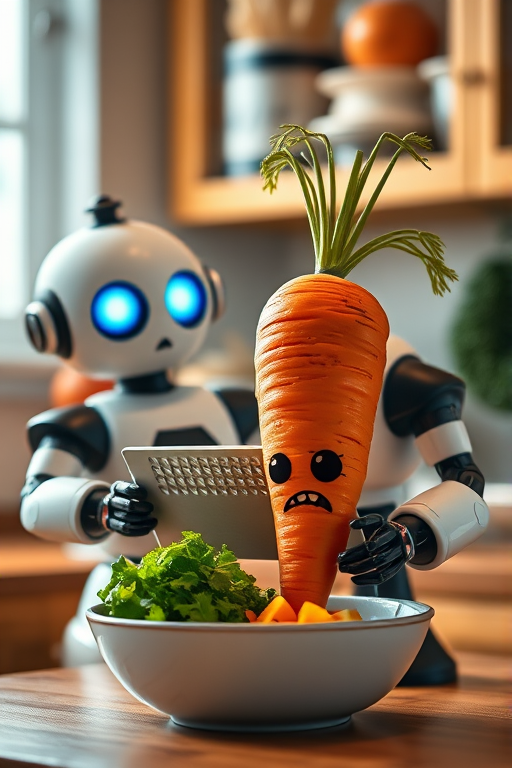 a whimsical kitchen scene featuring a robot with glowing blue eyes and a cartoonish carrot with a scared expression, the robot is grating the carrot into a bowl, warm lighting, 35mm lens, f/2.8 aperture, ISO 200, soft focus background for depth, high dynamic range imaging